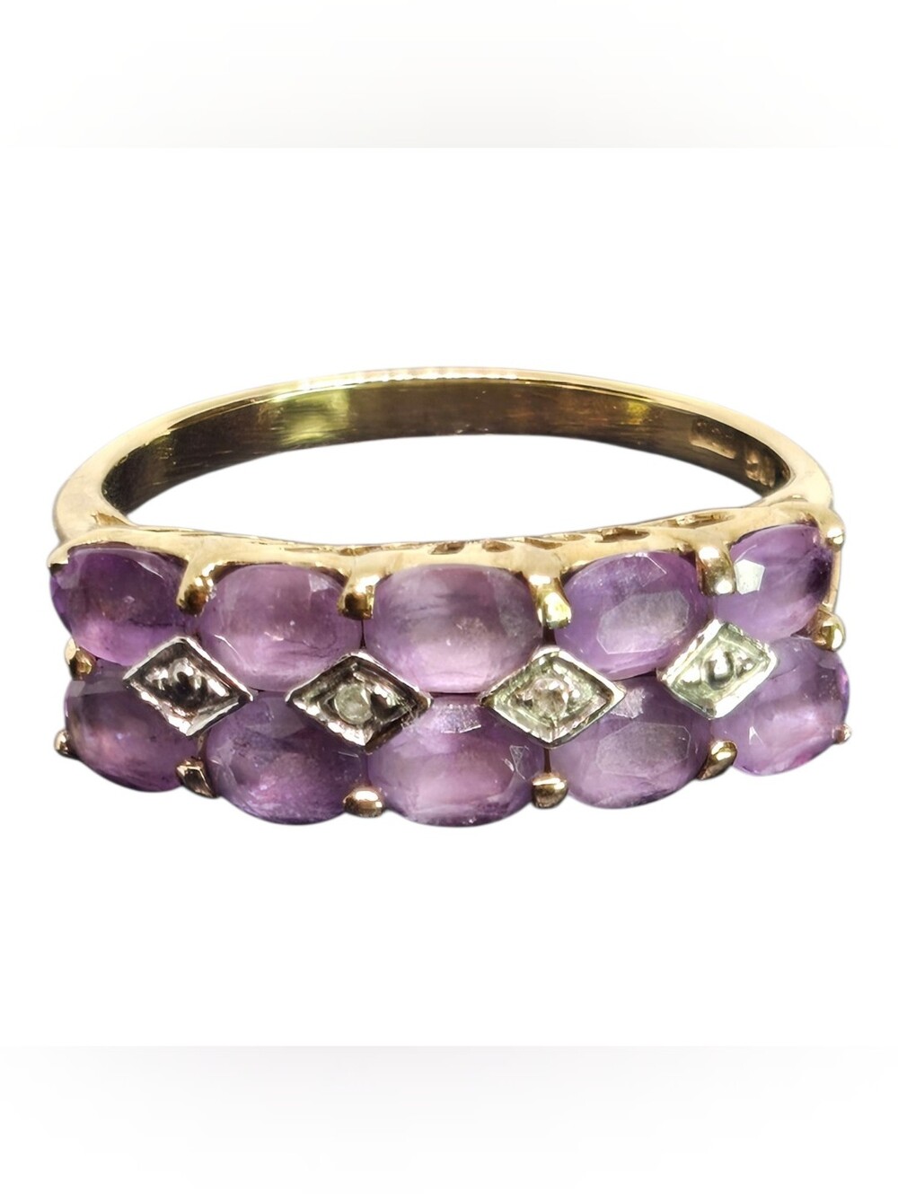 10K Yellow Gold Band Ring with Purple Amethyst Cabochons and Diamond Accents